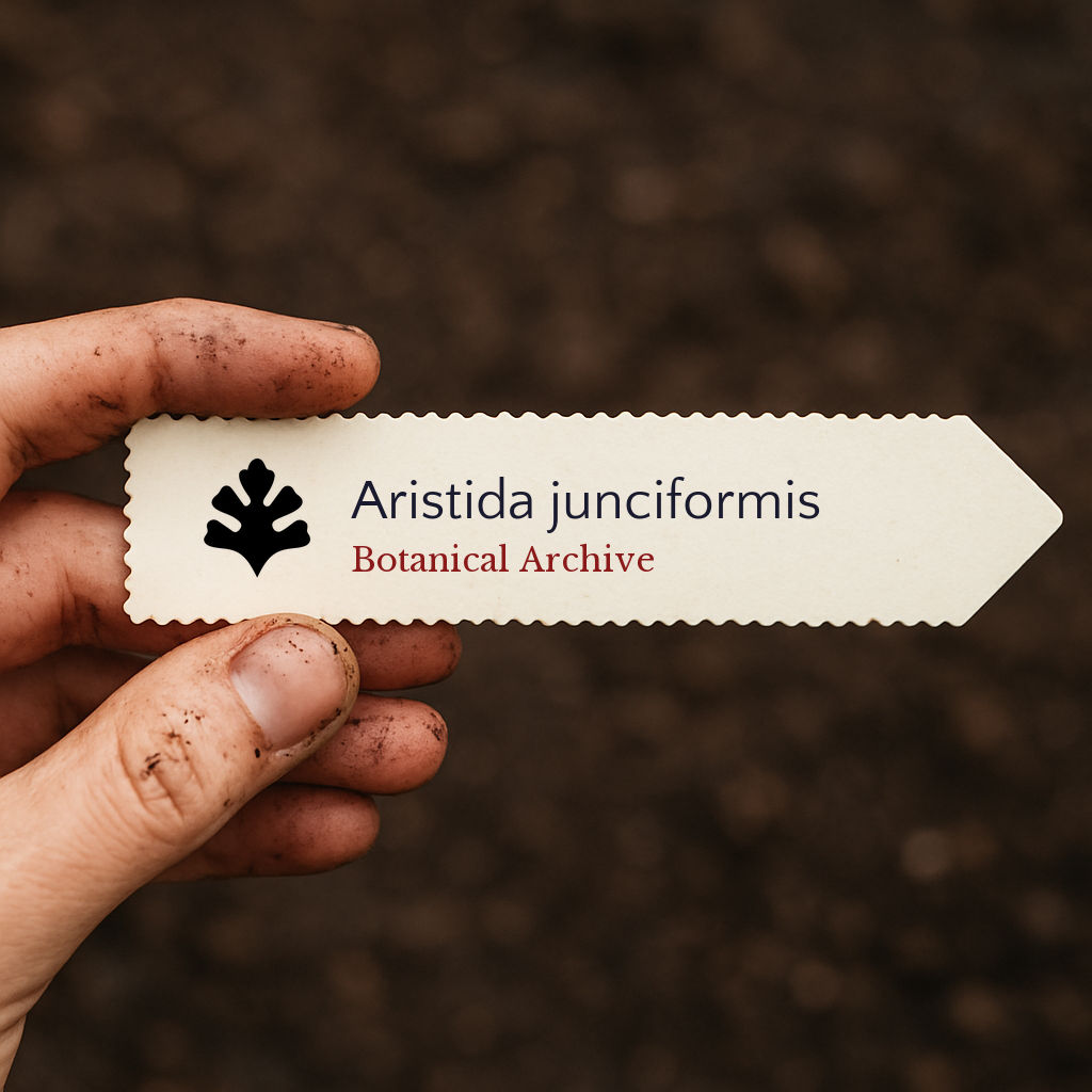 Etichetta per pianta stampata di Aristida junciformis tenuta a mano su sfondo di terreno