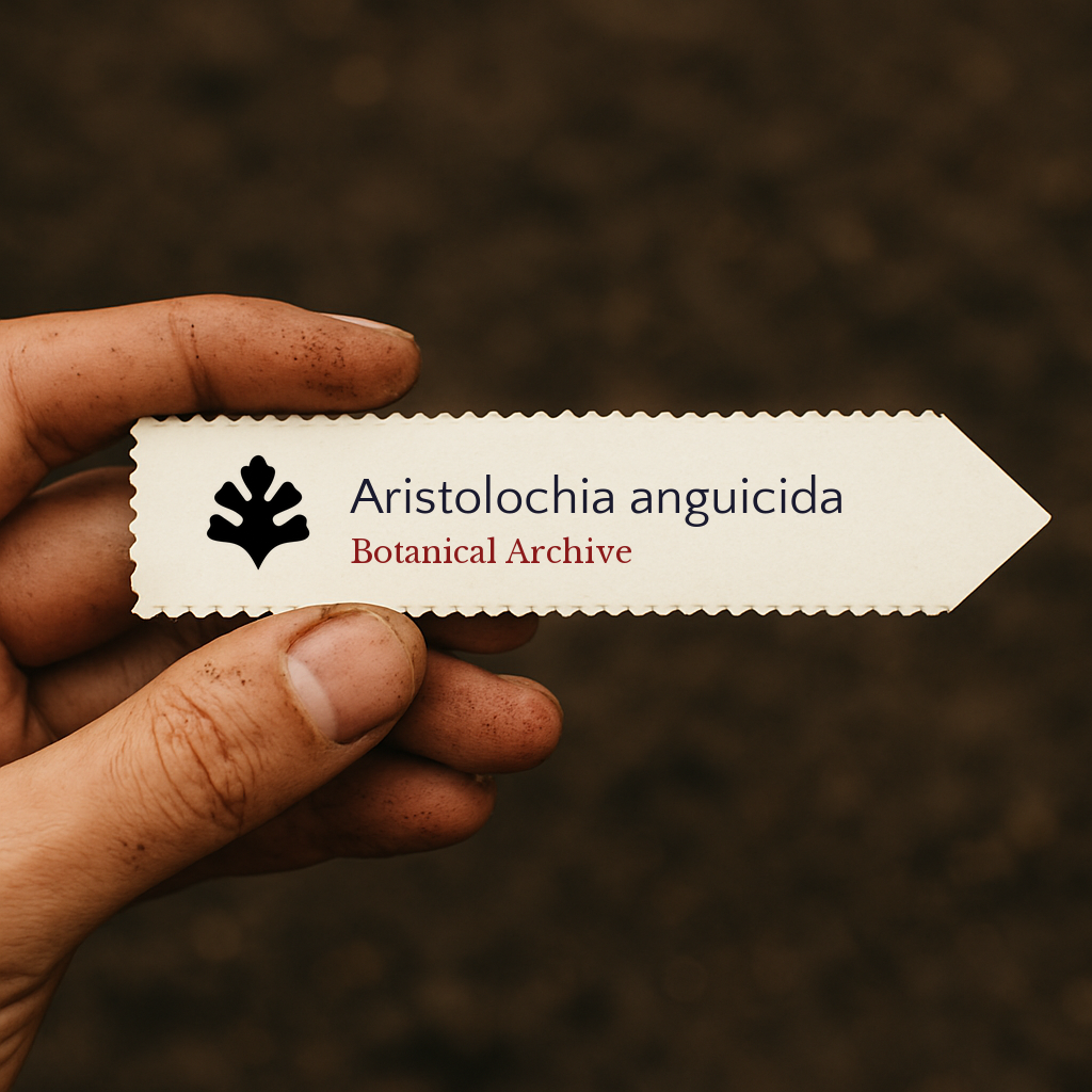 Etichetta stampata per pianta di Aristolochia anguicida tenuta a mano con sfondo di terreno