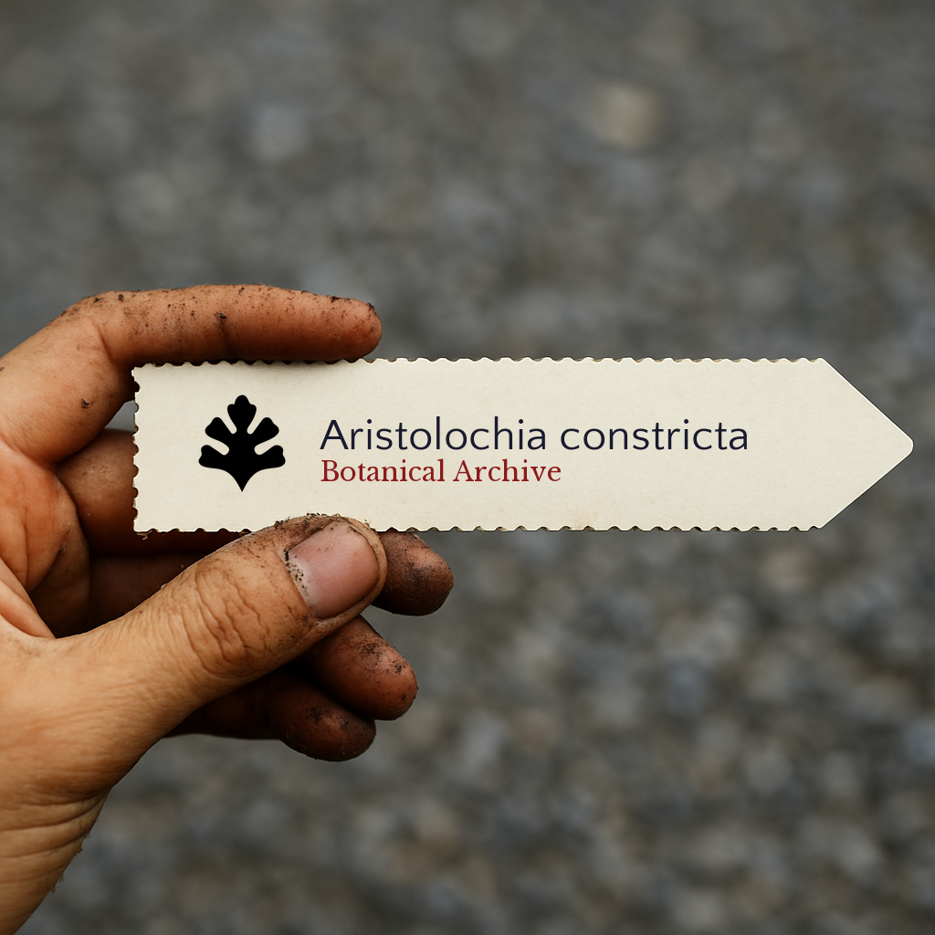 Printed plant label for Aristolochia constricta held by dirty hand outdoors