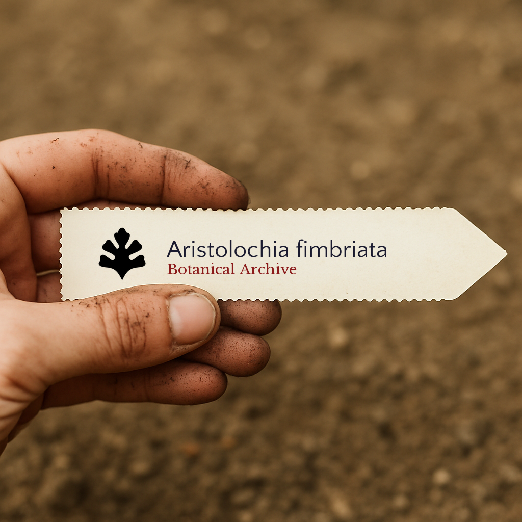 Etichetta per pianta stampata per Aristolochia fimbriata tenuta da mano sporca su sfondo di terreno