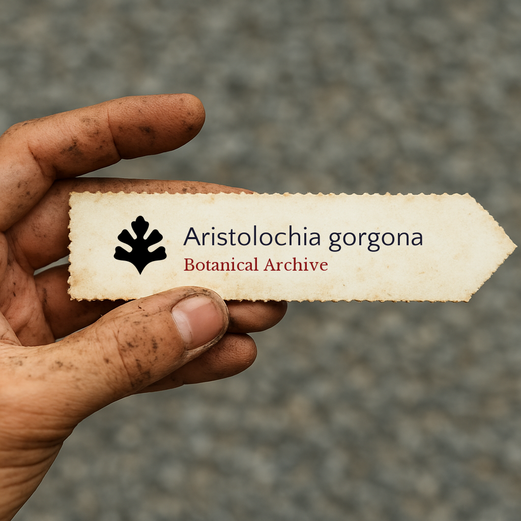 Etichetta per pianta stampata per Aristolochia gorgona tenuta in mano con terra