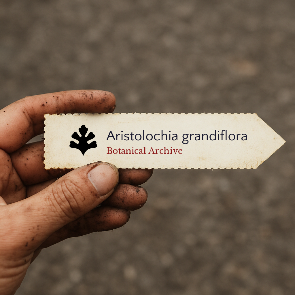 Etichetta per pianta stampata per Aristolochia grandiflora tenuta da una mano sporca all'aperto