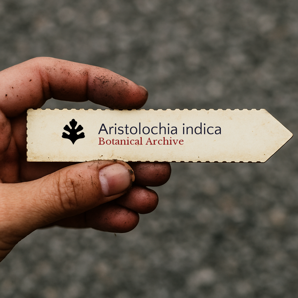 Etichetta stampata per pianta di Aristolochia indica tenuta da una mano sporca all'aperto