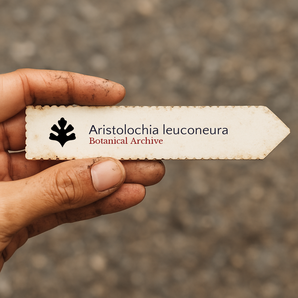 Etichetta stampata per pianta di Aristolochia leuconeura tenuta a mano con sfondo di terra