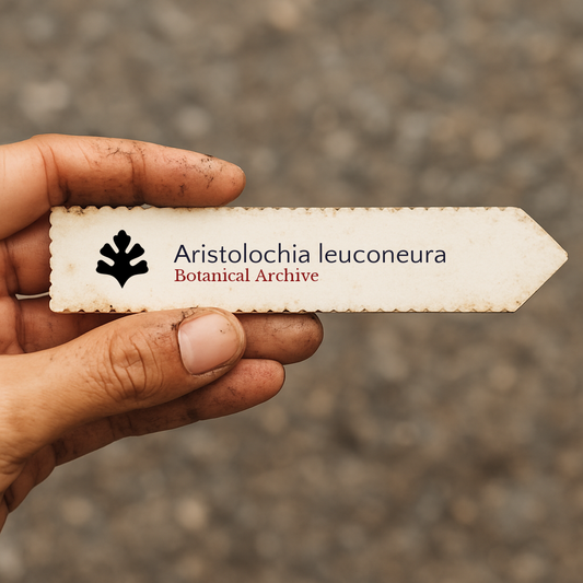 Printed plant label for Aristolochia leuconeura held by hand with dirt background