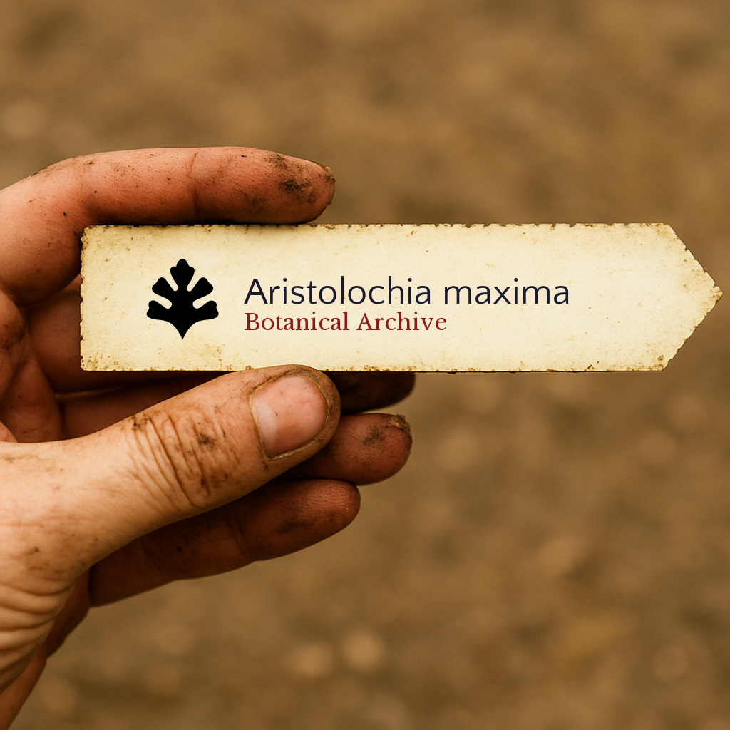 Etichetta stampata per pianta di Aristolochia maxima tenuta da mano sporca all'aperto