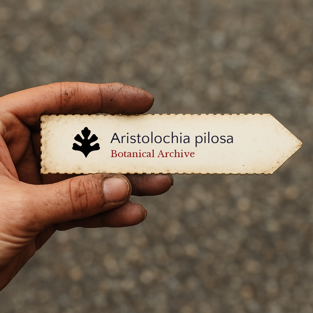 Etichetta stampata per pianta di Aristolochia pilosa tenuta da una mano con dita macchiate di terra