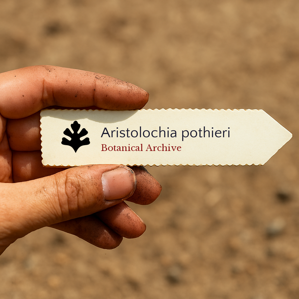 Etichetta per piante stampata per Aristolochia pothieri tenuta da una mano sporca all'aperto