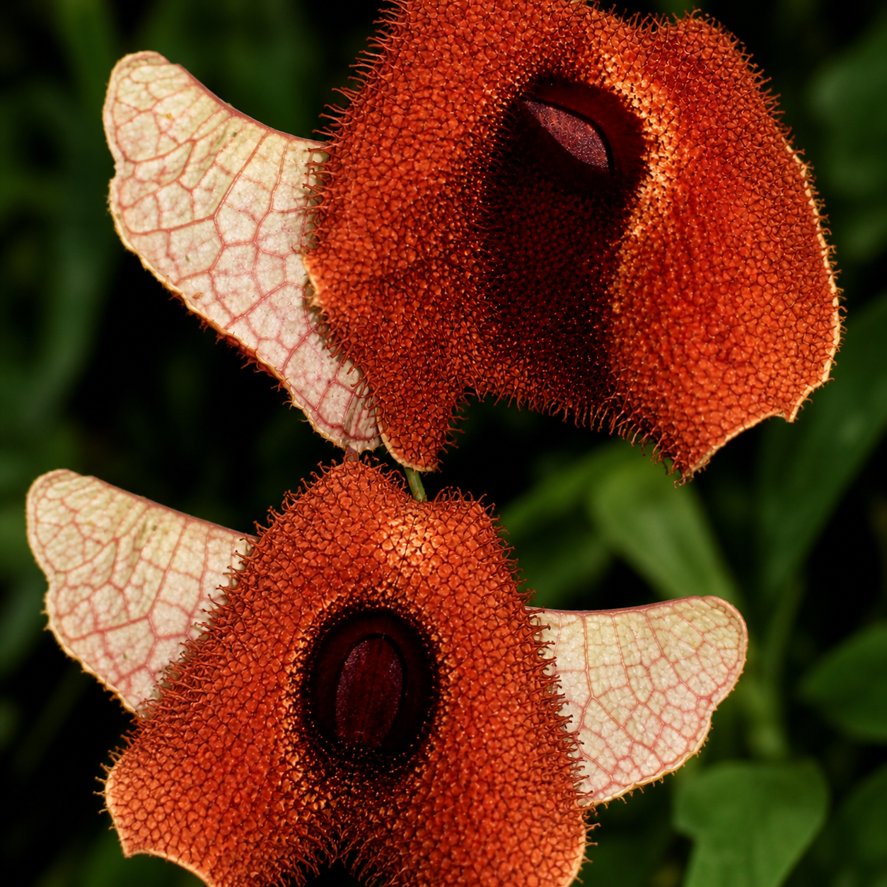 Aristolochia gorgona raro fiore tropicale con petali testurizzati color marrone-rossastro e ali bianche veinato