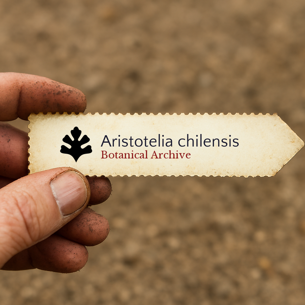 Etichetta per pianta stampata per Aristotelia chilensis tenuta da mano sporca su sfondo di terreno