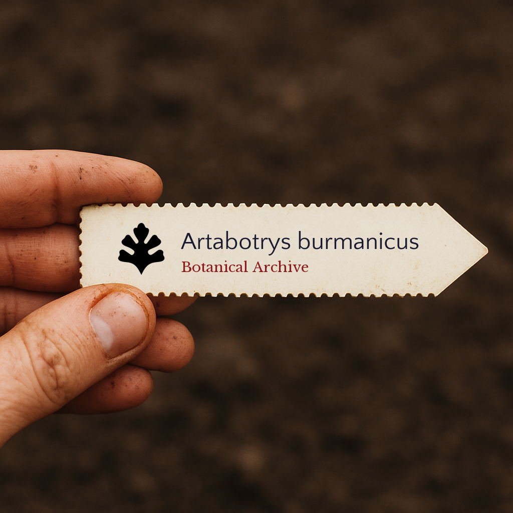 Etichetta per piante stampata per Artabotrys burmanicus tenuta a mano su sfondo di terreno