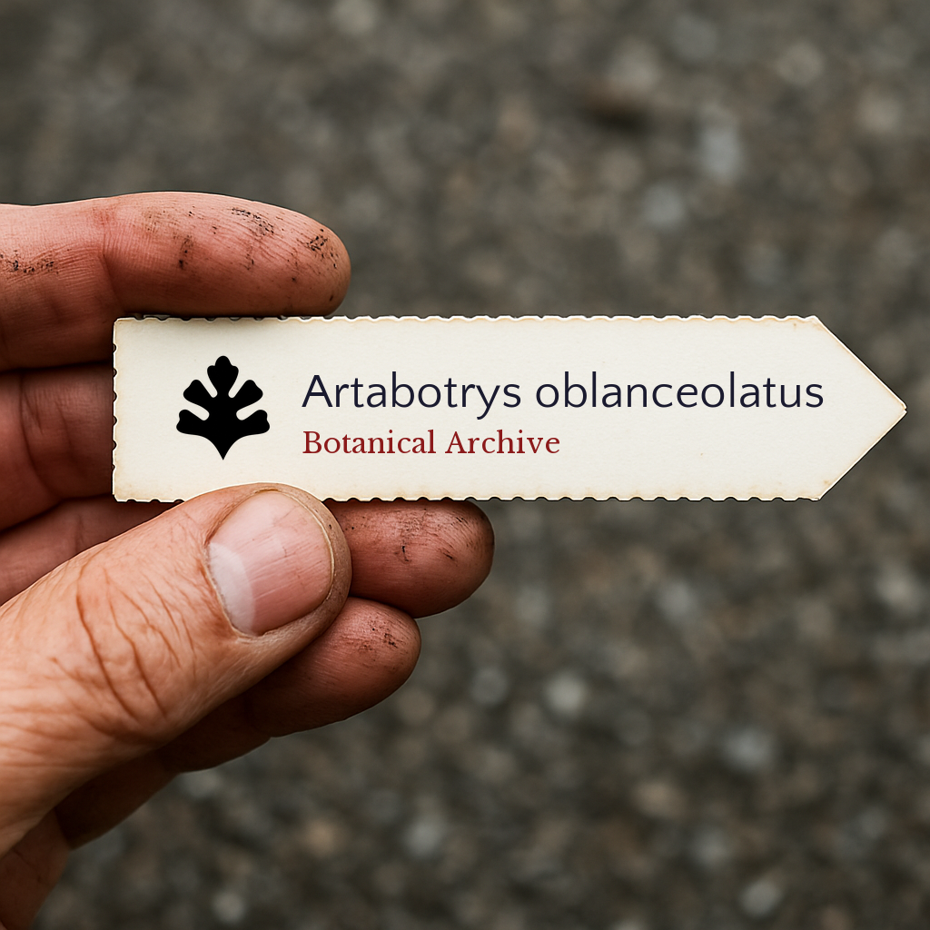 Etichetta botanica stampata per Artabotrys oblanceolatus tenuta a mano con terra sulle dita