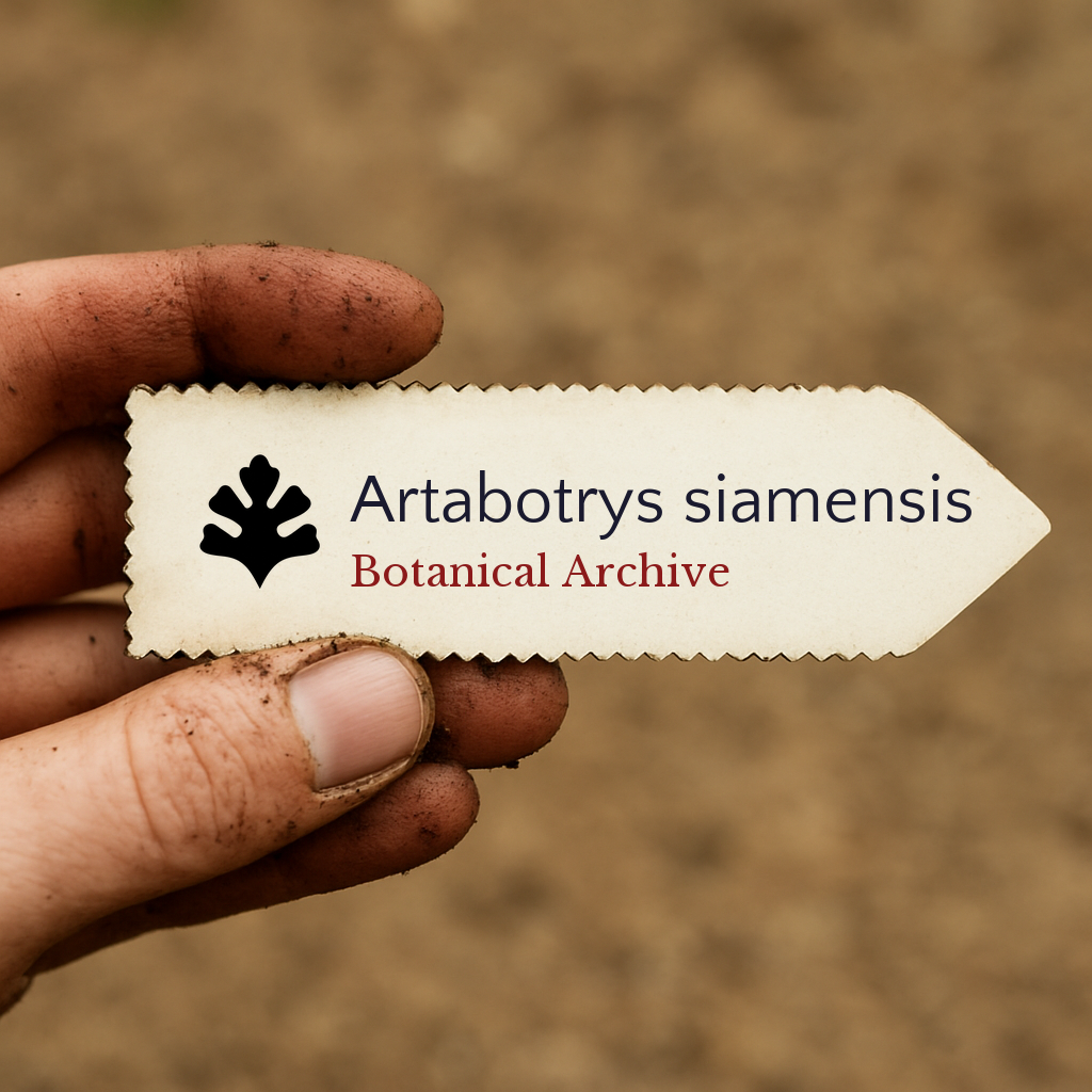 Etichetta stampata per pianta di Artabotrys siamensis tenuta da mano sporca contro sfondo di terreno