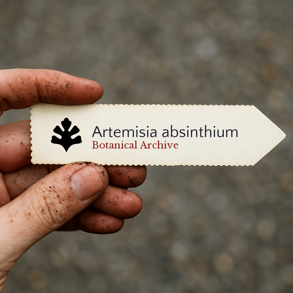 Etichetta stampata per pianta di Artemisia absinthium tenuta da una mano sporca all'aperto