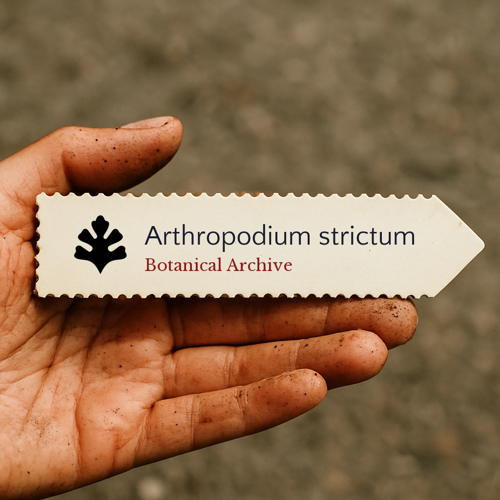 Etichetta stampata per pianta di Arthropodium strictum tenuta in una mano sporca di terra