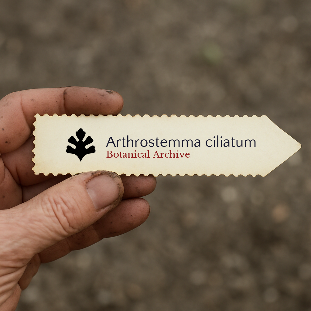 Etichetta vegetale stampata per Arthrostemma ciliatum tenuta da mano sporca all'aperto
