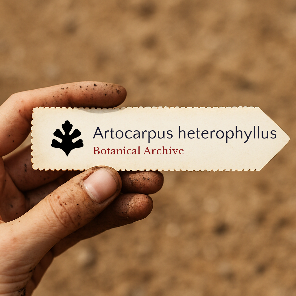 Etichetta vegetale stampata per Artocarpus heterophyllus tenuta da una mano sporca all'aperto