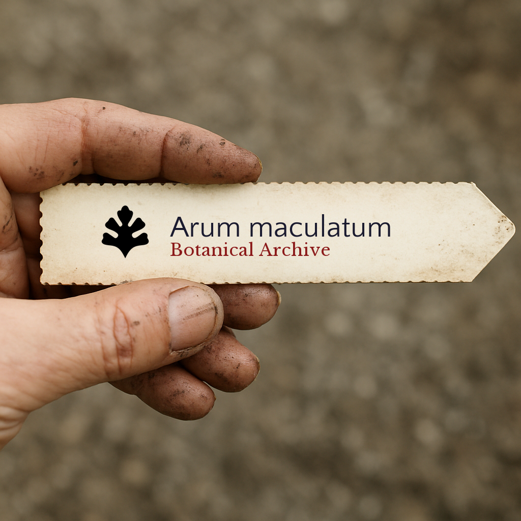 Printed plant label for Arum maculatum held by dirty hand outdoors