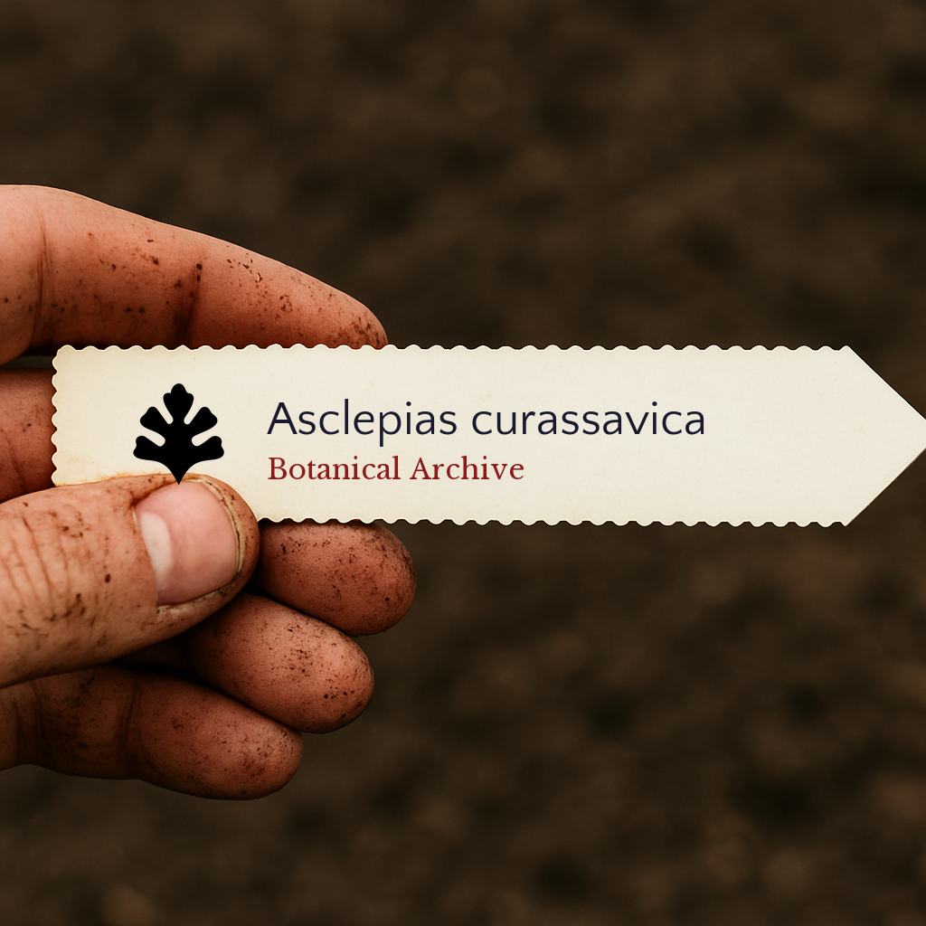 Printed plant label for Asclepias curassavica held by dirty hand against soil background