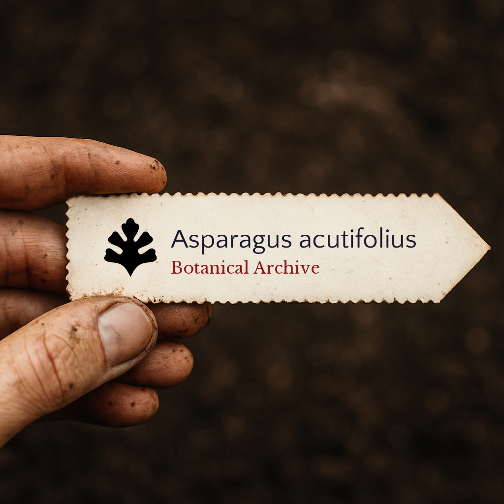 Printed plant label for Asparagus acutifolius held by hand with soil background