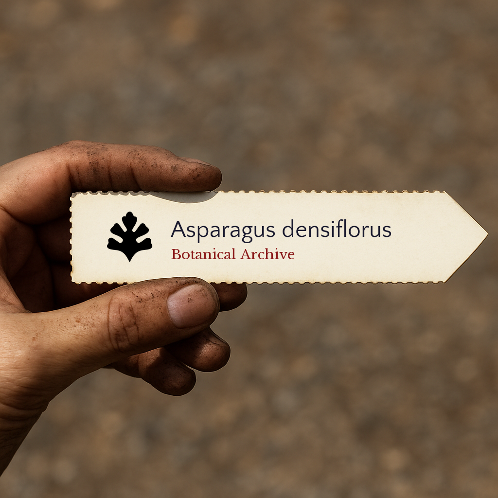 Etichetta stampata per pianta di Asparagus densiflorus tenuta da una mano sporca all'aperto