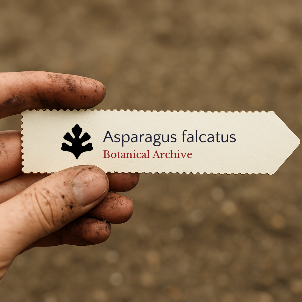 Etichetta stampata per pianta di Asparagus falcatus tenuta da mano sporca su sfondo di terreno