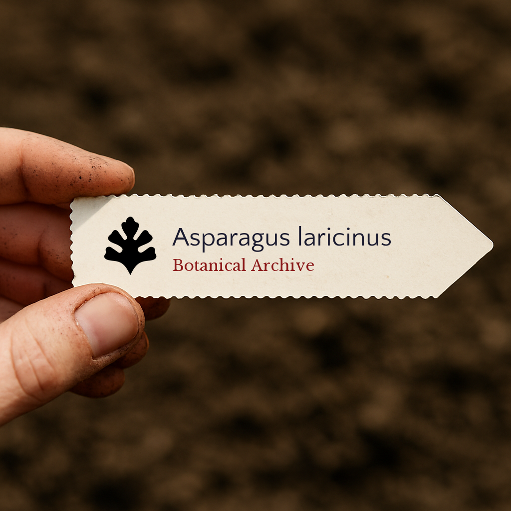 Etichetta stampata per pianta di Asparagus laricinus con logo Botanical Archive tenuta a mano