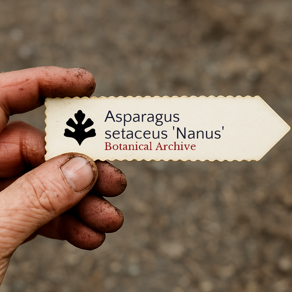Printed plant label for Asparagus setaceus 'Nanus' held by dirty hand outdoors