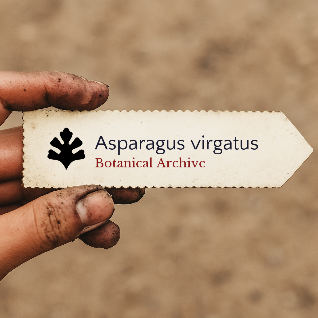 Etichetta stampata per pianta di Asparagus virgatus tenuta a mano con dita macchiate di terra