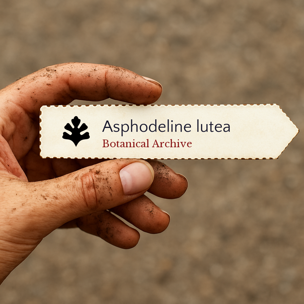 Etichetta della pianta stampata per Asphodeline lutea tenuta da una mano sporca all'aperto