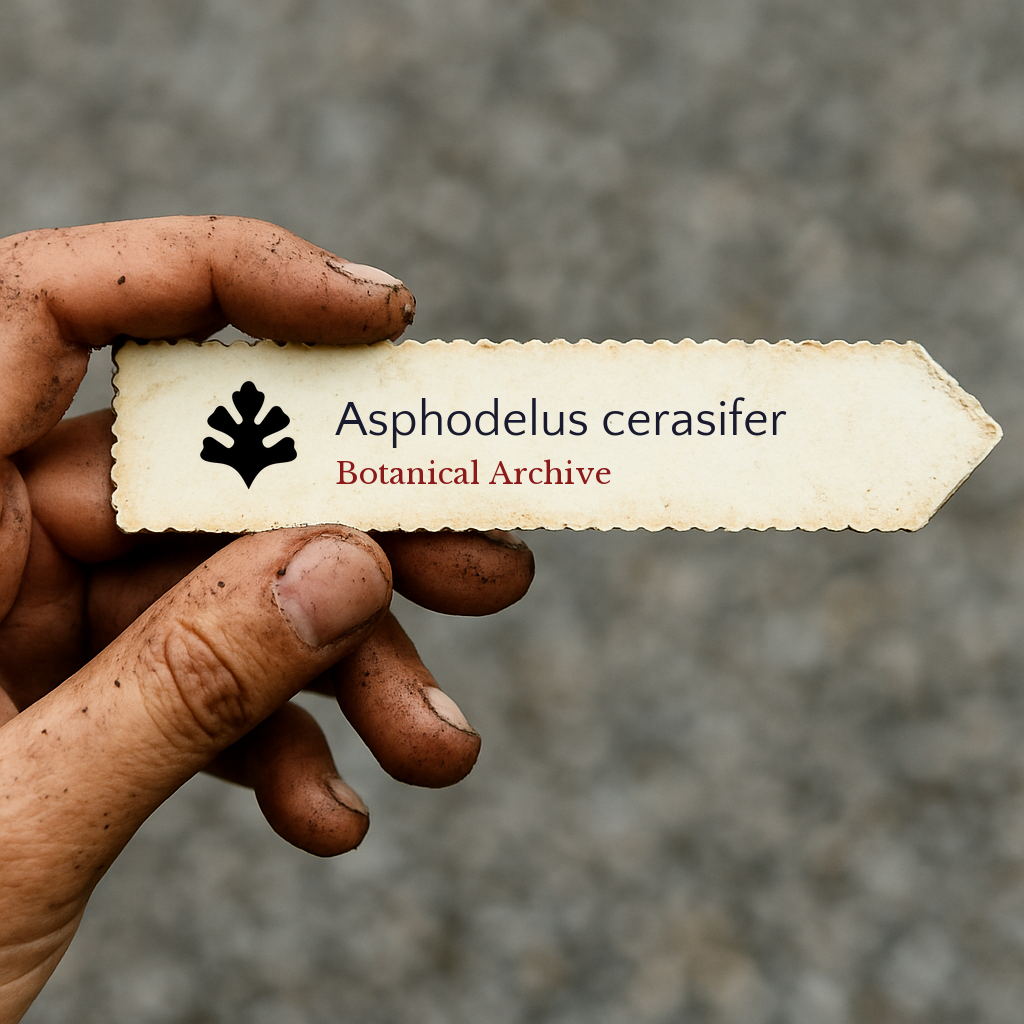 Printed plant label for Asphodelus cerasifer held by dirty hand outdoors