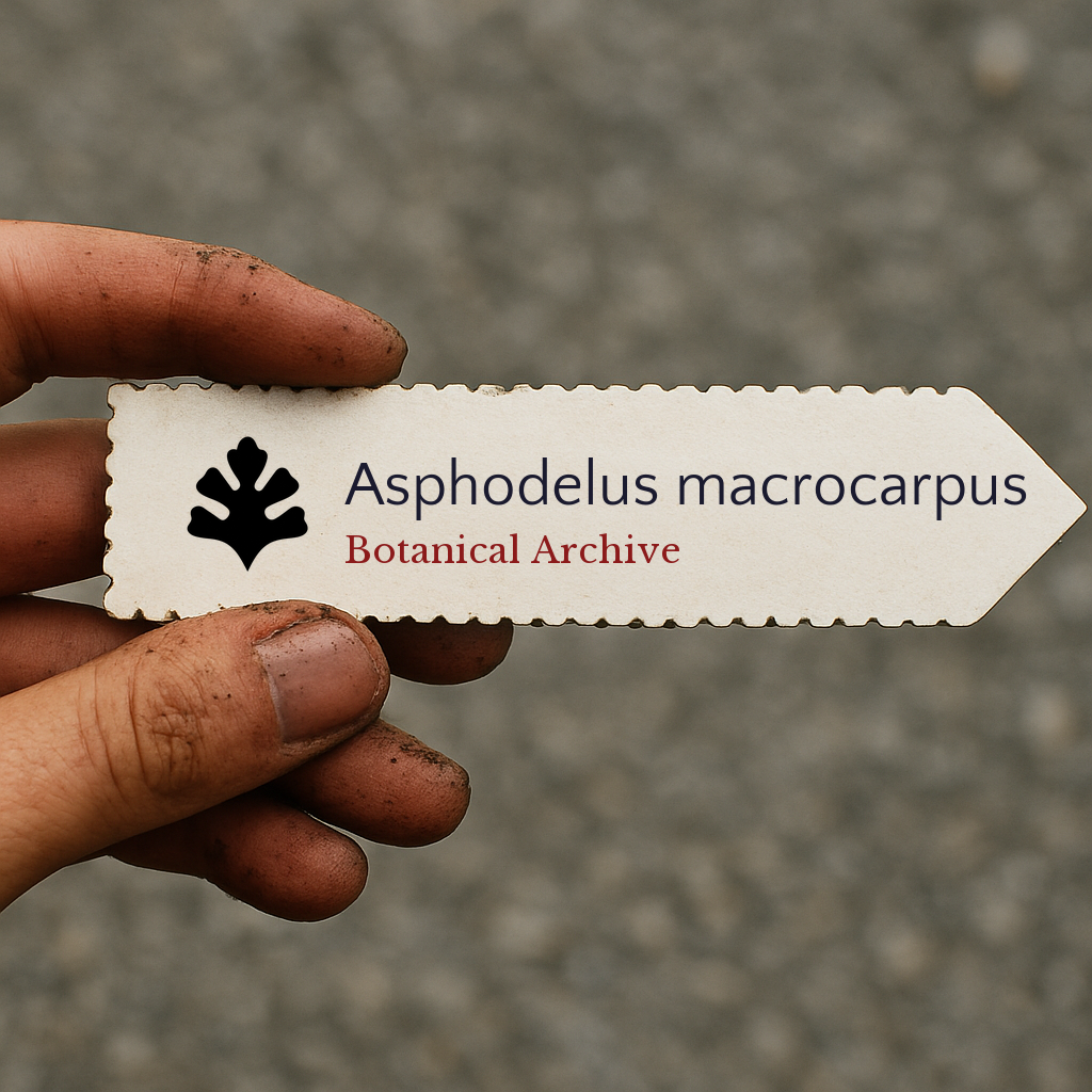 Printed plant label for Asphodelus macrocarpus held by dirty hand outdoors