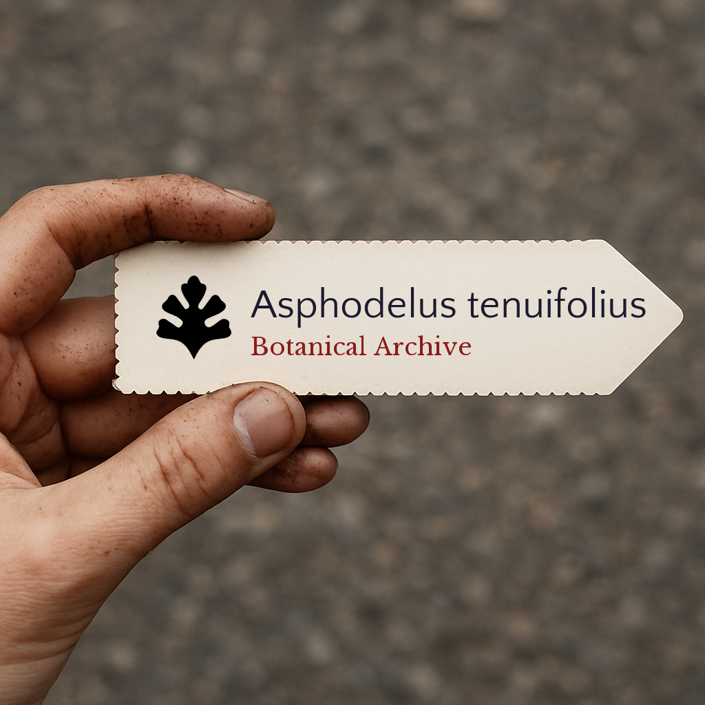 Etichetta per pianta stampata per Asphodelus tenuifolius con il logo di Botanical Archive in mano