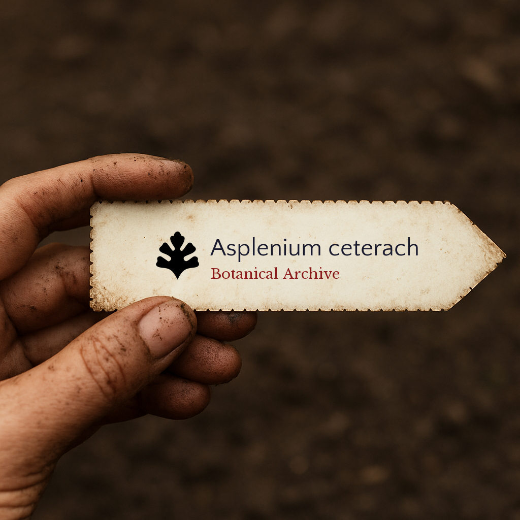Etichetta stampata per pianta di Asplenium ceterach tenuta da mano sporca su sfondo di terra