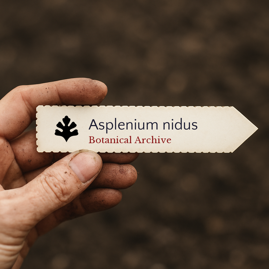 Etichetta stampata per pianta di Asplenium nidus tenuta da una mano sporca su sfondo di terra