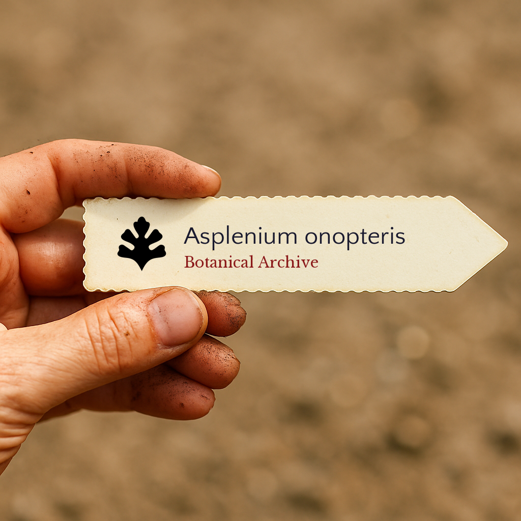 Printed plant label for Asplenium onopteris held by dirty hand outdoors