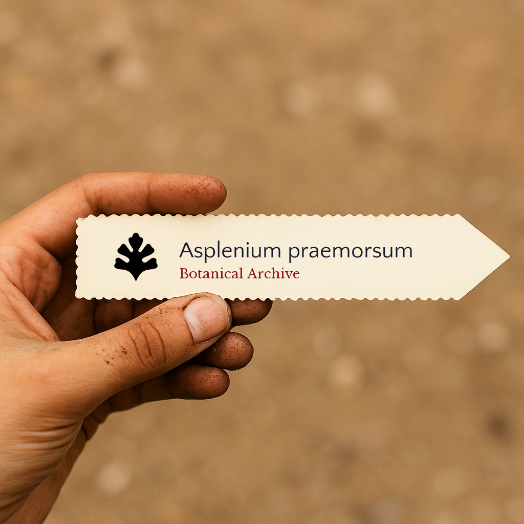 Printed plant label for Asplenium praemorsum held by hand with soil background