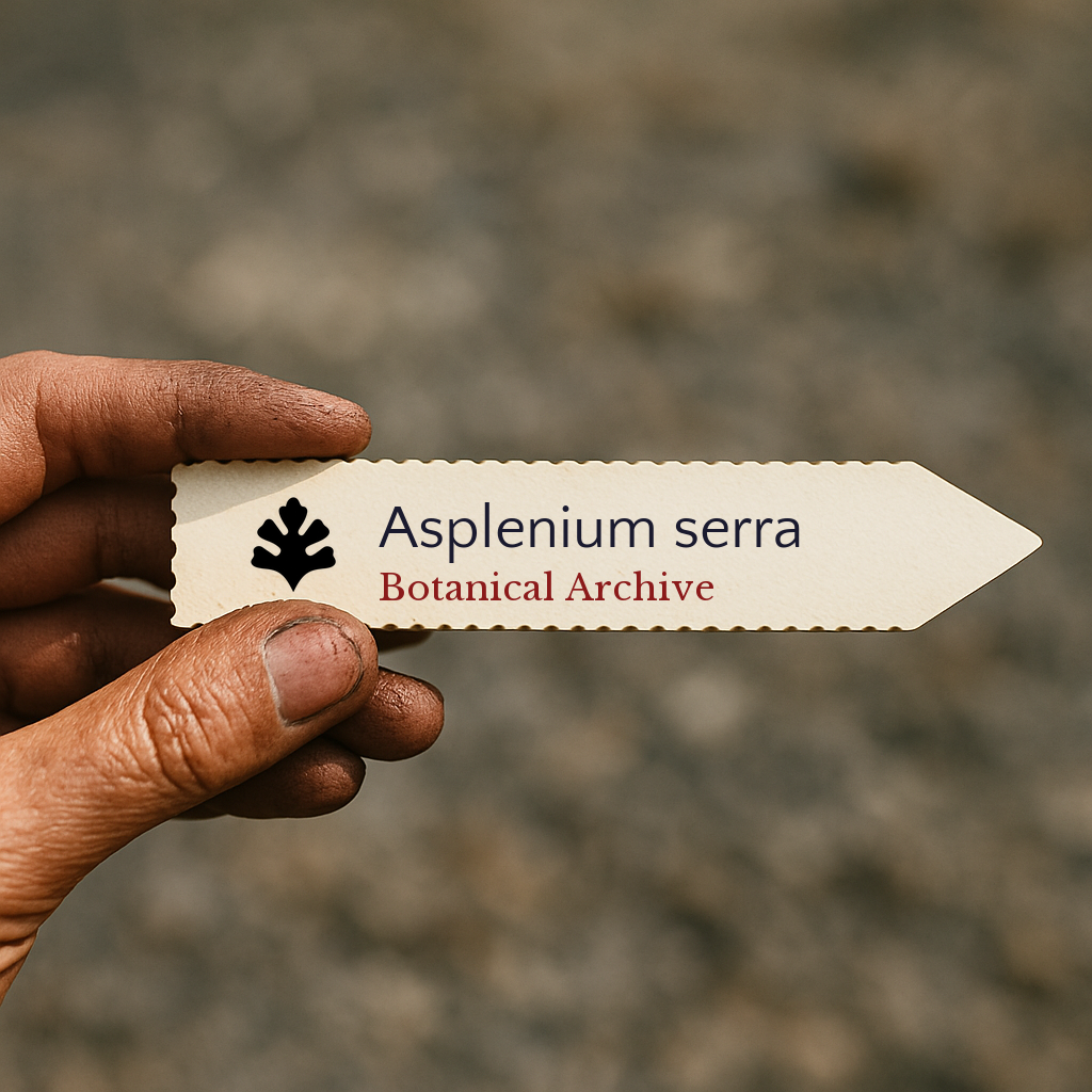 Etichetta per pianta stampata di Asplenium serra tenuta in mano con terra sotto le unghie