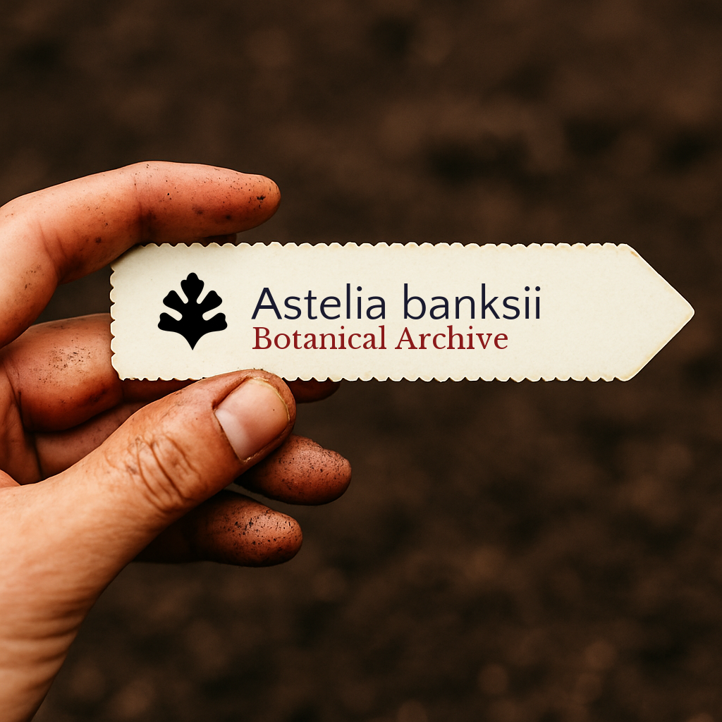 Etichetta stampata per pianta di Astelia banksii tenuta da una mano sporca su sfondo di terreno