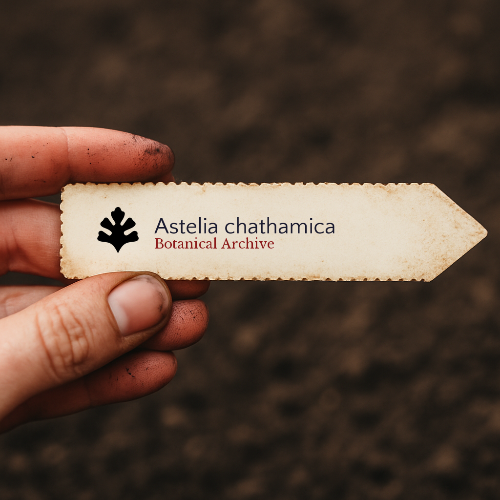 Etichetta stampata per pianta di Astelia chathamica tenuta da mano sporca su sfondo di terreno