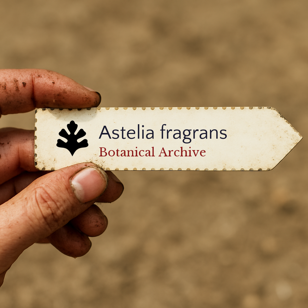 Etichetta per pianta stampata per Astelia fragrans tenuta da mano sporca contro sfondo sfocato