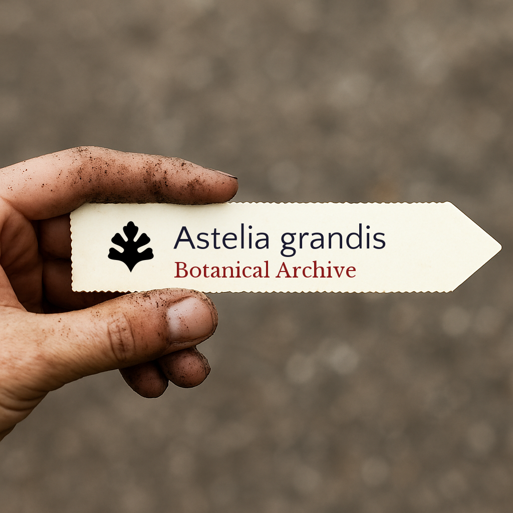 Printed plant label for Astelia grandis held by dirty hand outdoors