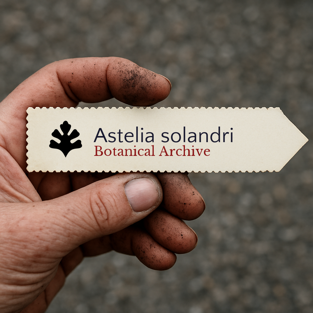 Etichetta per piante stampata per Astelia solandri tenuta da una mano sporca all'aperto