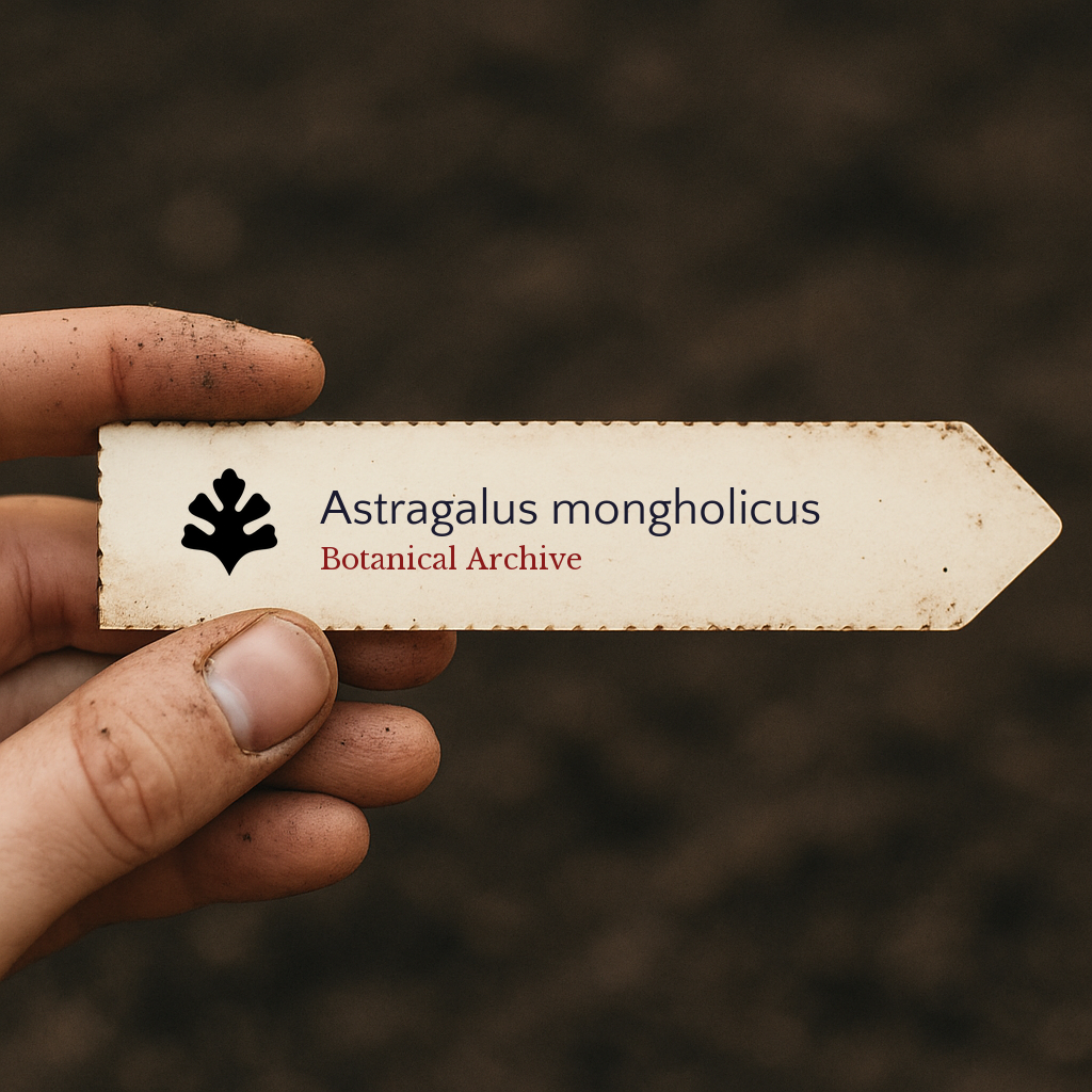 Printed plant label for Astragalus mongholicus with botanical archive logo held by hand