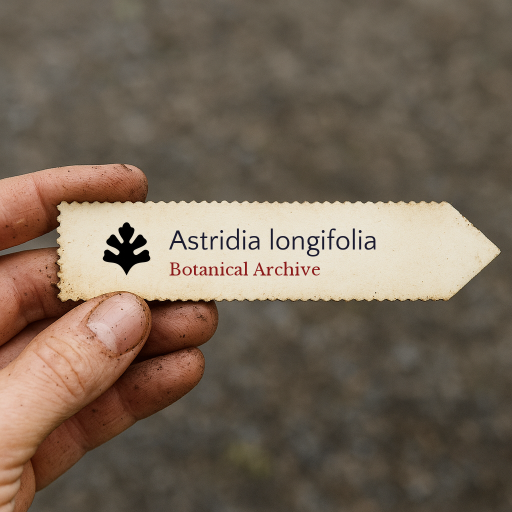 Printed plant label for Astridia longifolia with botanical archive logo held by hand