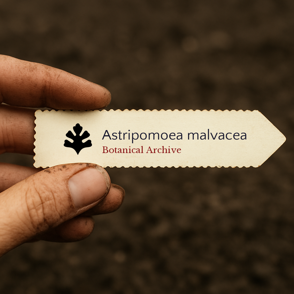 Etichetta della pianta stampata per Astripomoea malvacea tenuta in mano con sfondo di terra
