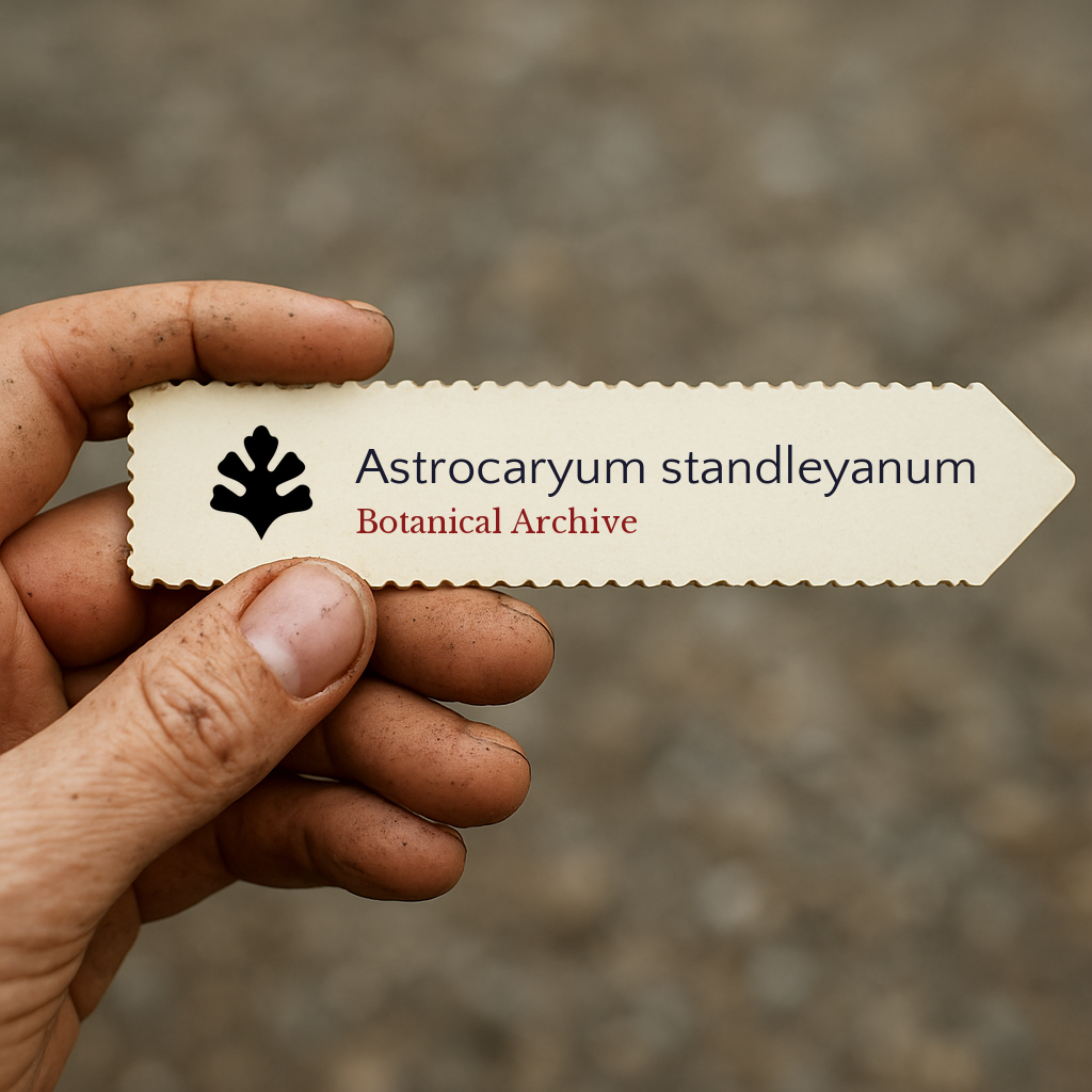 Printed plant label for Astrocaryum standleyanum held by dirty hand outdoors