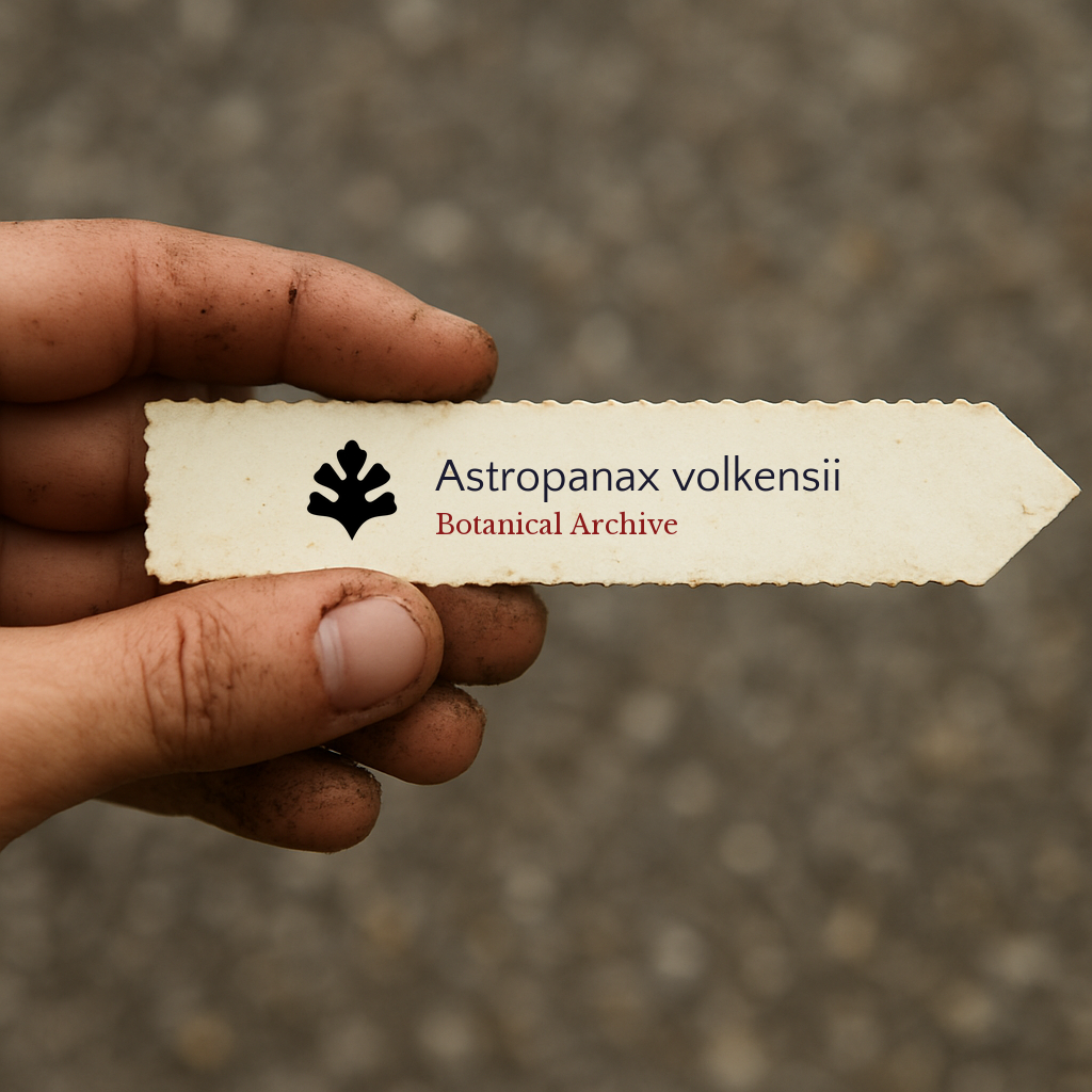 Printed plant label for Astropanax volkensii held by dirty hand with blurred background