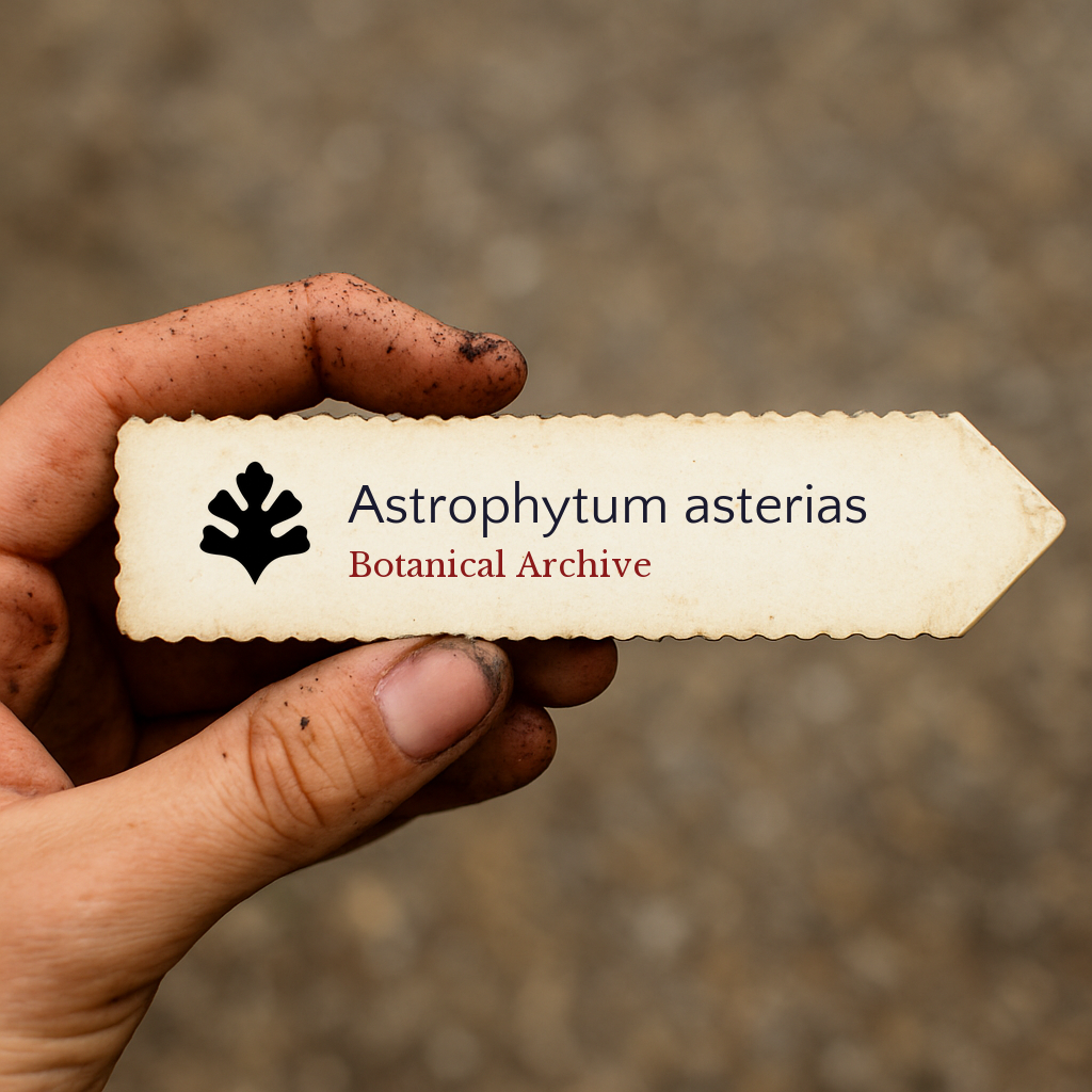 Etichetta vegetale stampata per Astrophytum asterias tenuta da una mano sporca all'aperto