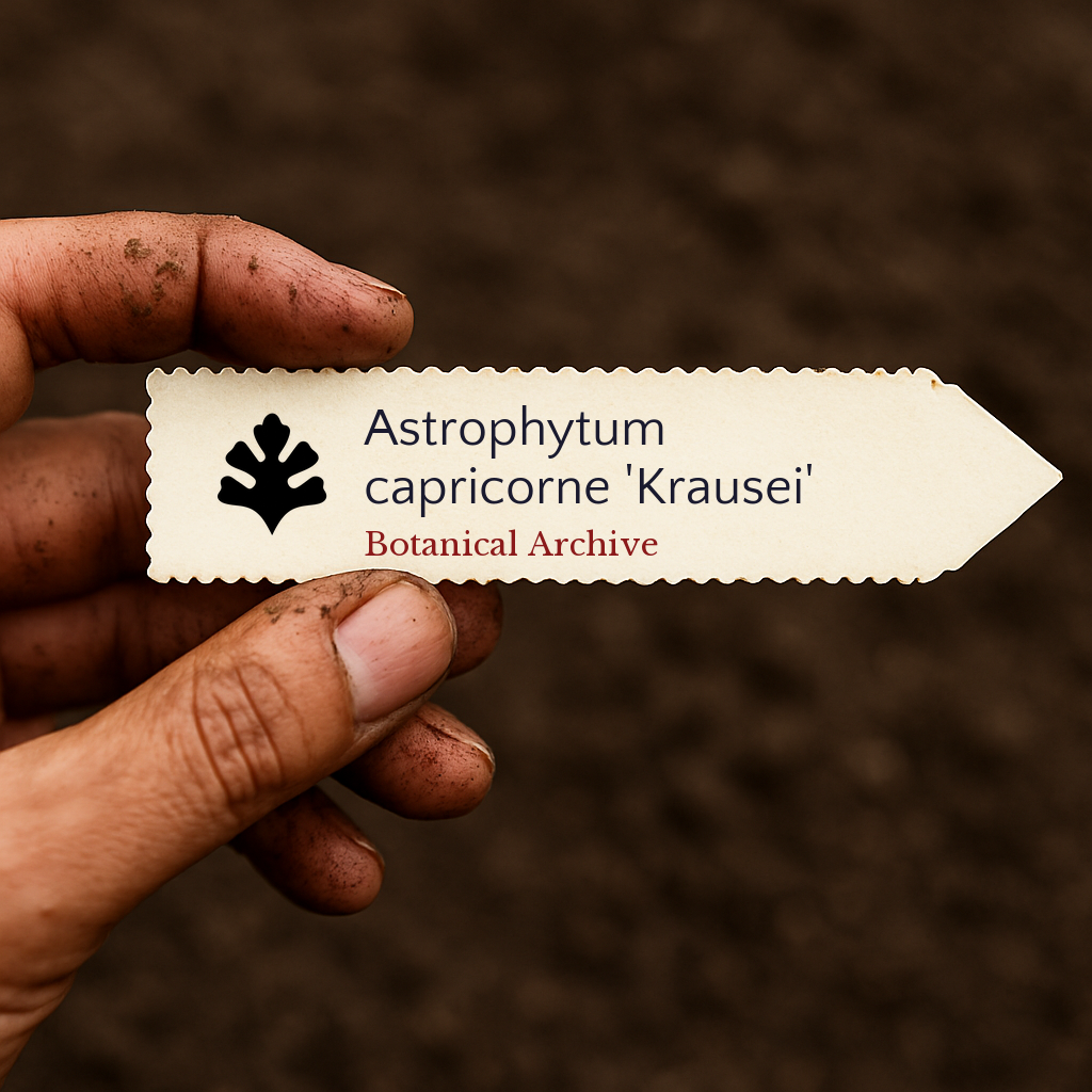 Printed plant label for Astrophytum capricorne 'Krausei' held by dirty hand over soil background